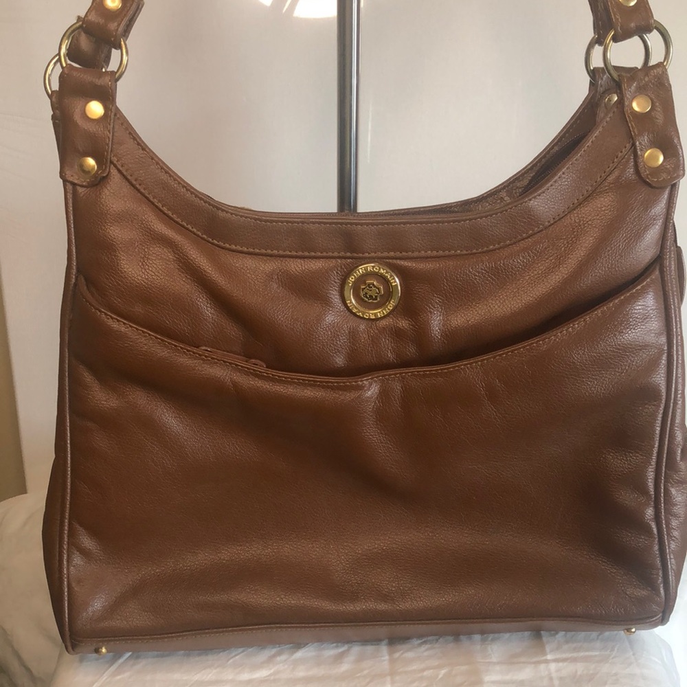 JOHN ROMAIN beautiful Vintage brown leather handbag. Gold hardware.